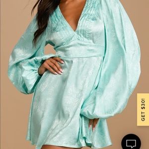 Light Blue Satin Jacquard Long Sleeve Mini Dress